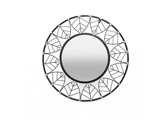 Black Round Frame Leaves Dotted With Gold Design Mirrored Metal Wall Art For Outdoor Indoor