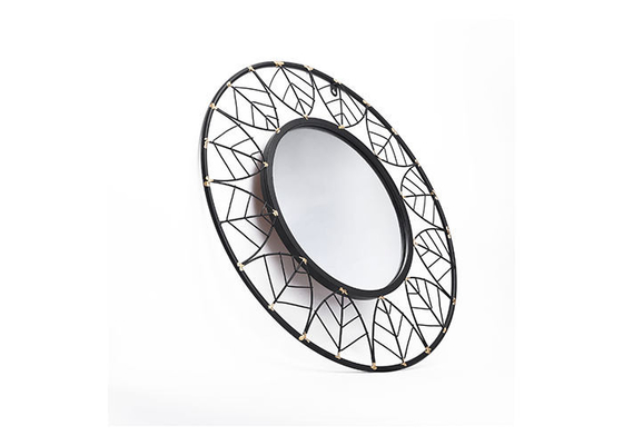 Black Round Frame Leaves Dotted With Gold Design Mirrored Metal Wall Art For Outdoor Indoor