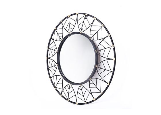 Black Round Frame Leaves Dotted With Gold Design Mirrored Metal Wall Art For Outdoor Indoor
