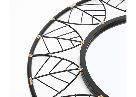 Black Round Frame Leaves Dotted With Gold Design Mirrored Metal Wall Art For Outdoor Indoor