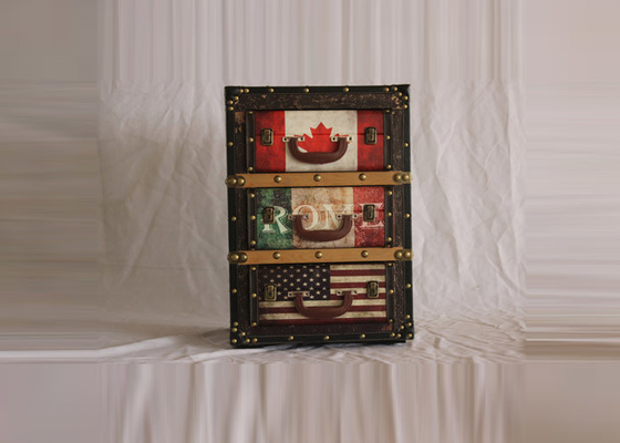 Leather Surface Three Draw Antique Wooden Drawer Box